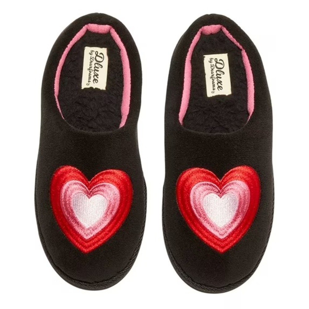 Women's Heart Slide Slippers dluxe by Dearfoams Black Size 5/6 New With Tags